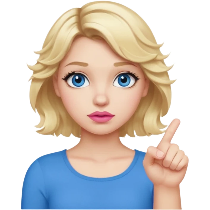 Girl Blonde short wavy hair,  blue eyes, cute blue top, long lashes, pink lips, showing thumbs down 👎  emoji