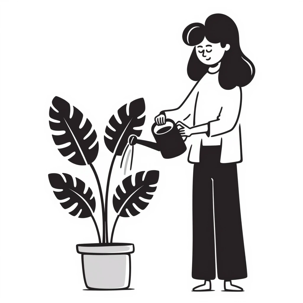 woman watering her monstera plant emoji