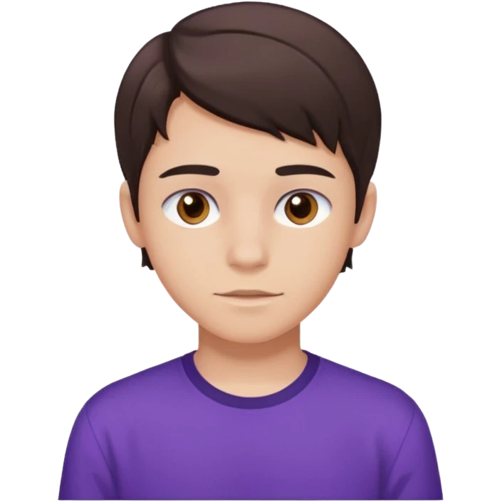a 17 year old boy with a brunette middle part, brown eyes, fair skin, and a purple shirt  emoji