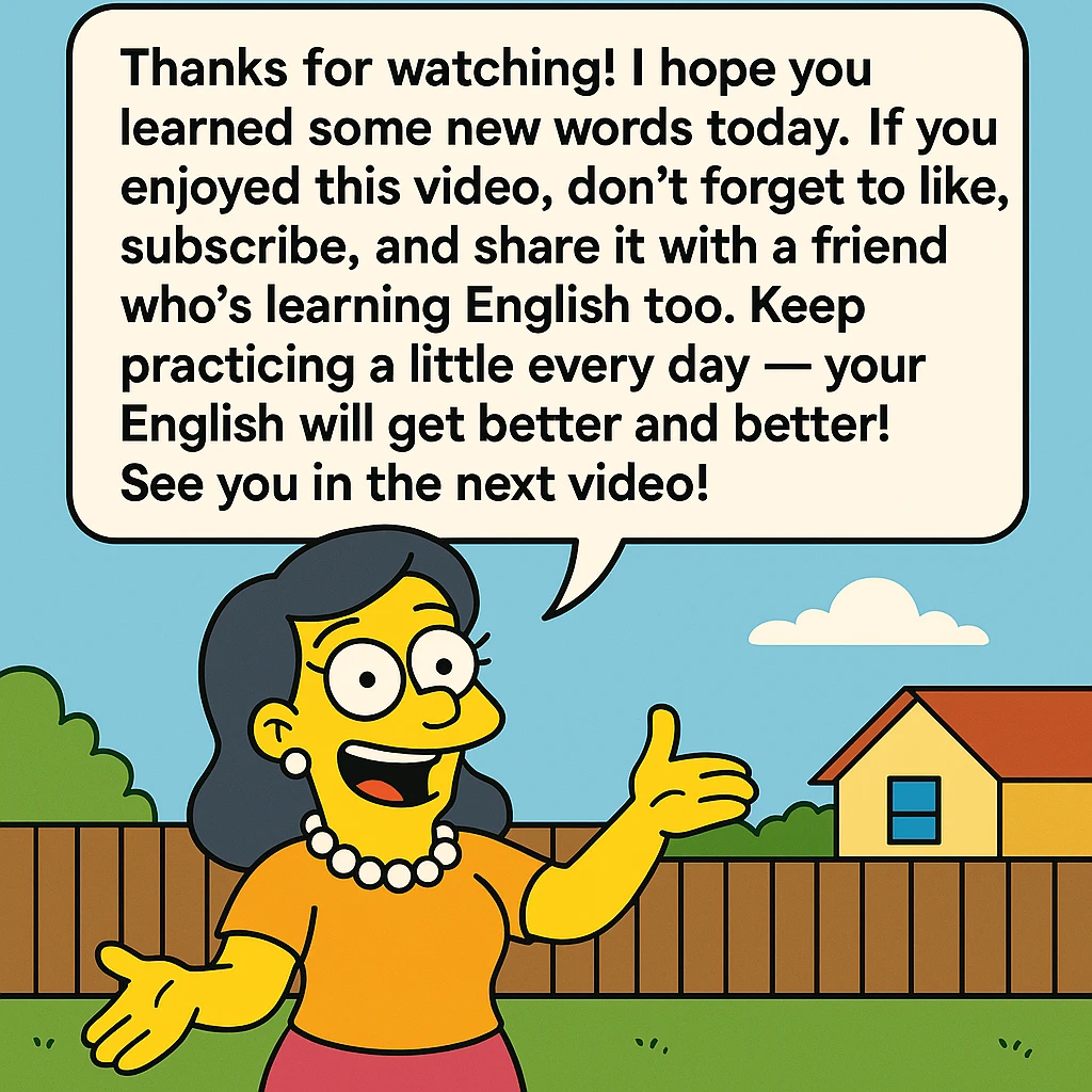 Thanks for watching! I hope you learned some new words today. If you enjoyed this video, don’t forget to like, subscribe, and share it with a friend who’s learning English too. Keep practicing a little every day — your English will get better and better! See you in the next video! emoji