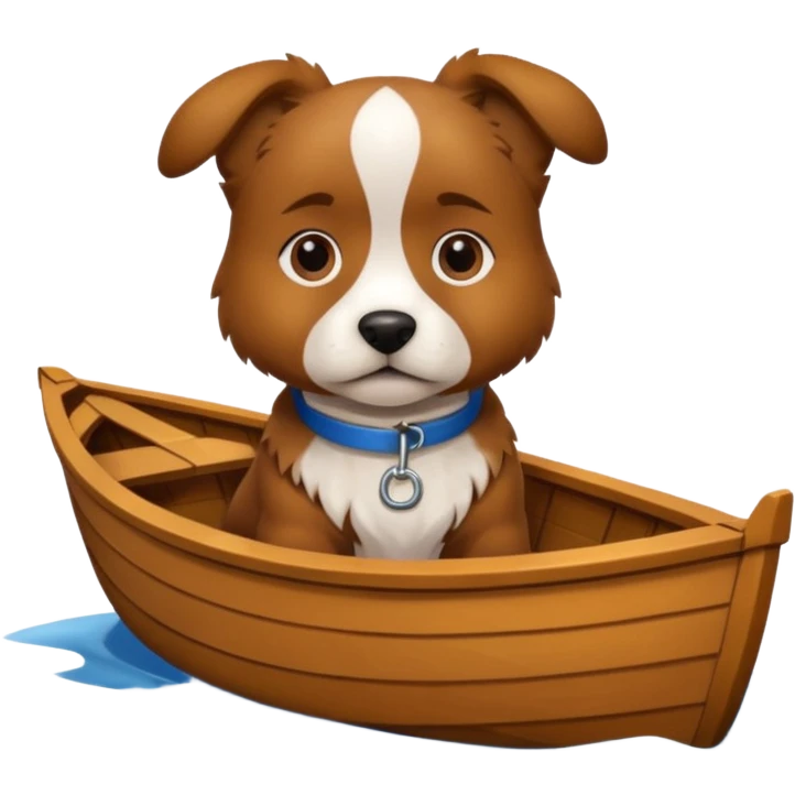 A dog in a boat on the water looking dead at me emoji