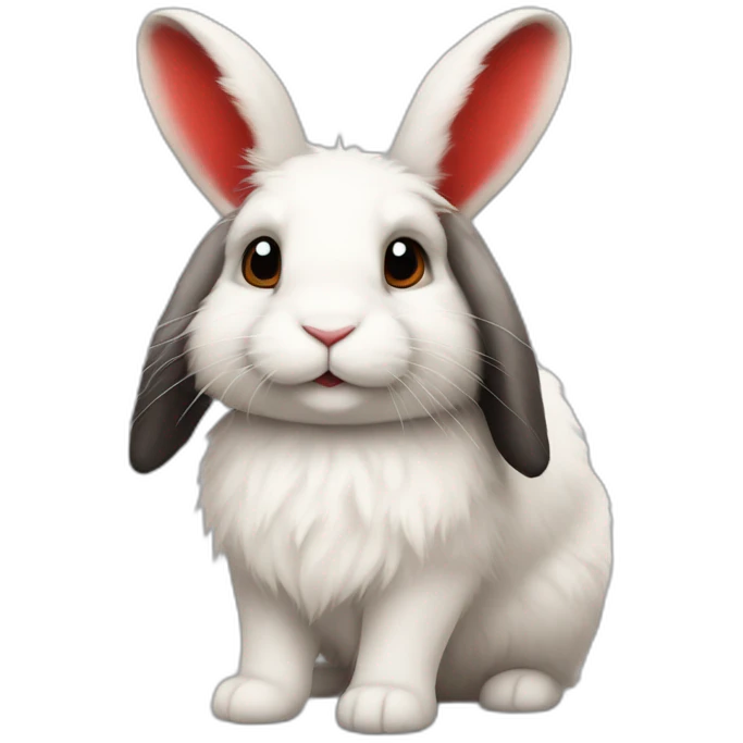 Fluffy bunny with lop ears and red and black spots on his ears and back. emoji
