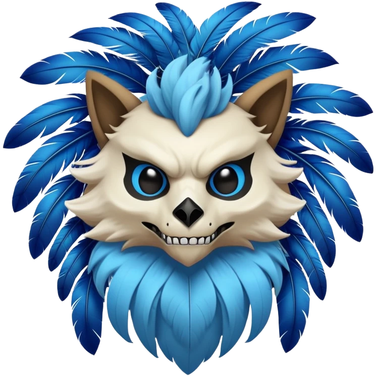 Furry Fakémon-Pokémon-animal-creature with a skull mask, and a feather-mane-collar, and blue feathers emoji