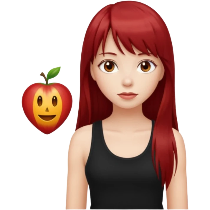a pretty bratz fair girl with long dark red straight hair with bangs, wearing a black tank top emoji