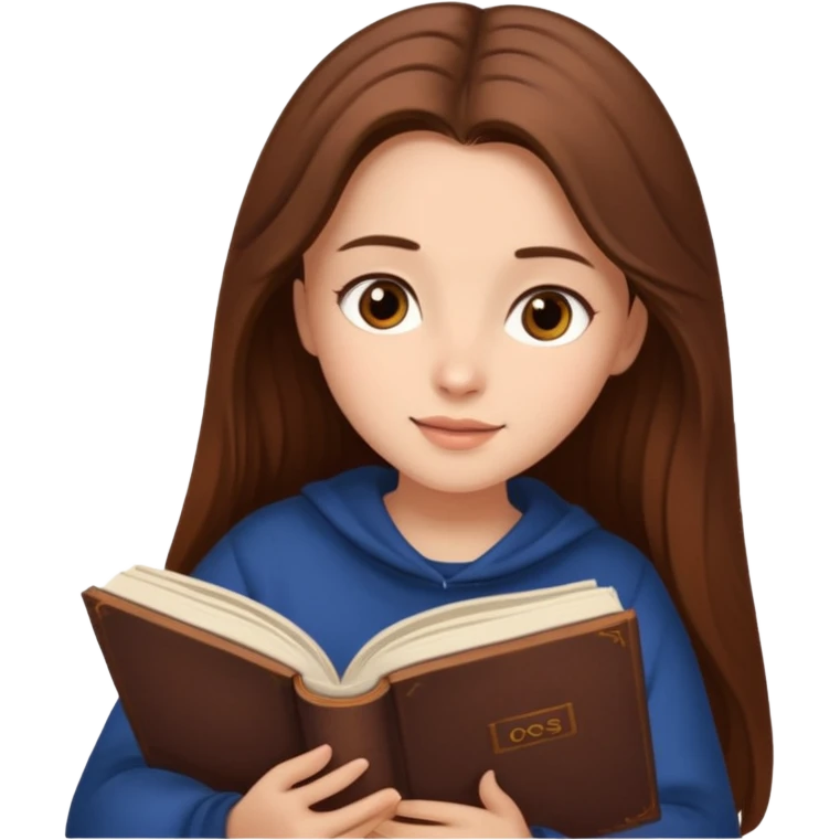 Cozy girl with long brown hair and brown eyes reading  emoji