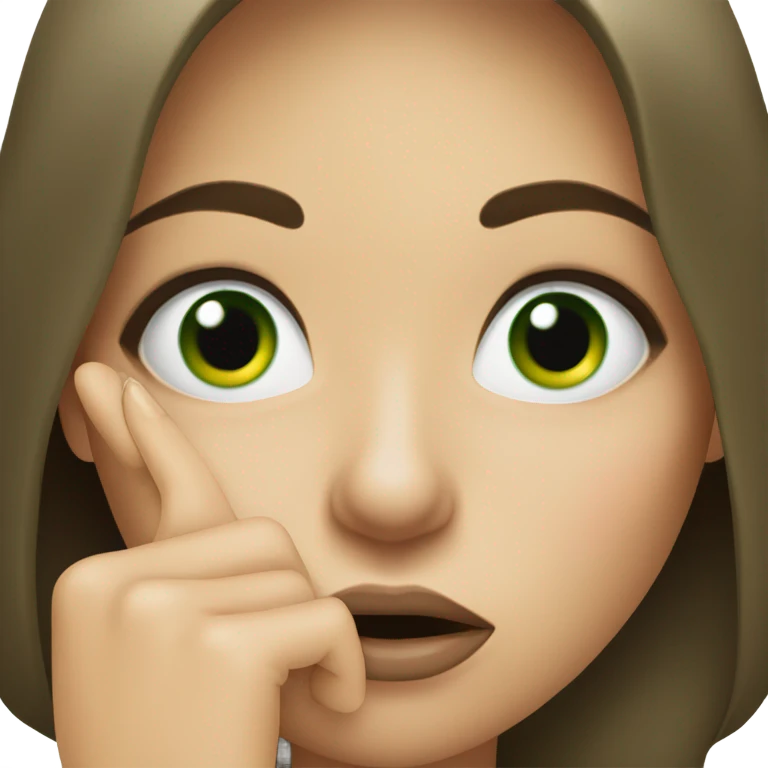 realistic brunette with green eyes holds a finger to her mouth emoji