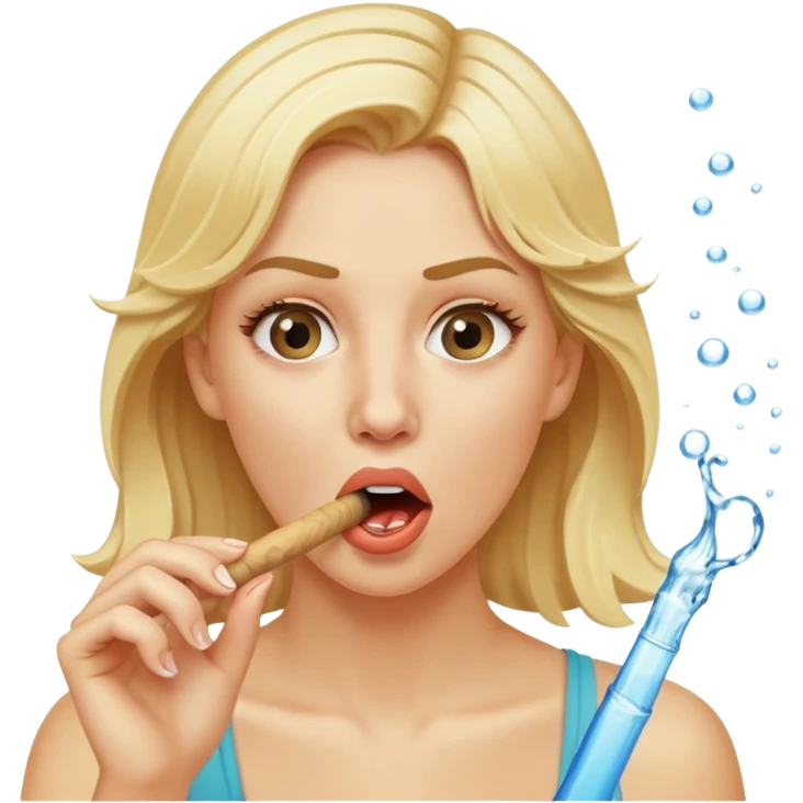 blond woman biting a skin-tone stick, water jet shooting from the stick into her mouth, surprised look emoji