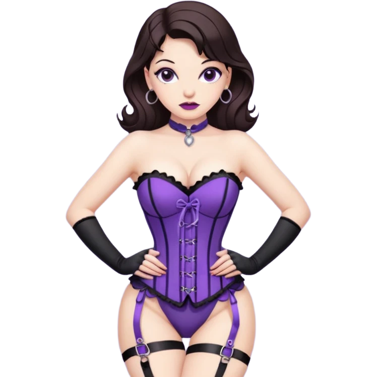brunette pinup girl in violet gorset hanging in hogtied bondage with stocking emoji