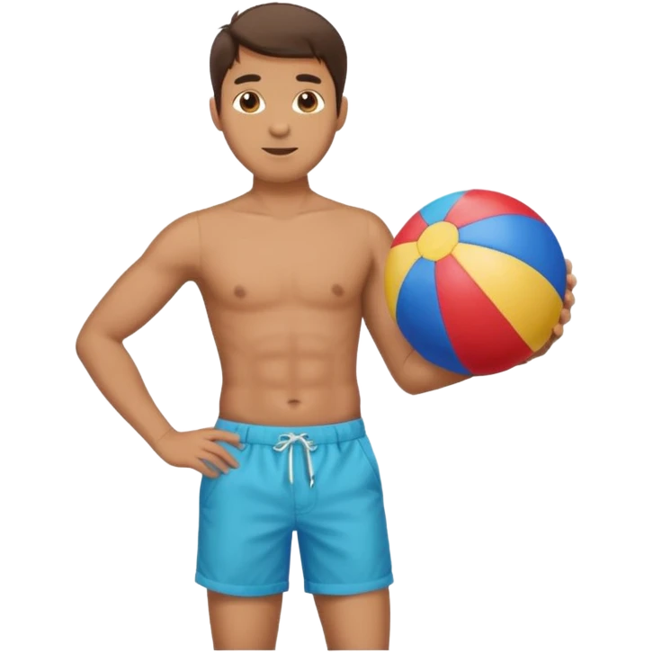 A man in Bermuda shorts as a full-body swimsuit and a beach ball emoji