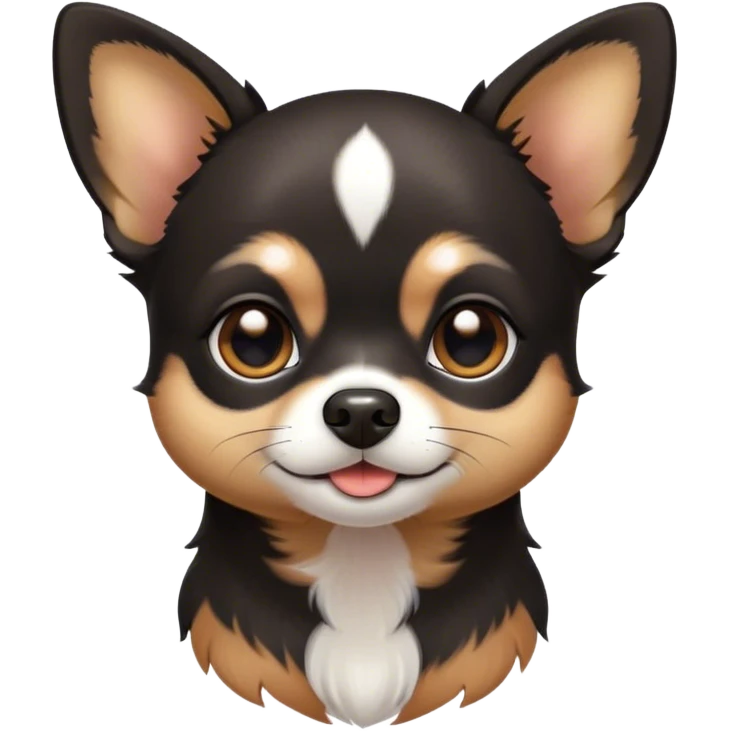 Cinematic Cute Black Tri Short Haired Chihuahua Portrait Emoji, Head tilted playfully and inquisitively, sleek black tri-color fur with bold patches of white and tan, round, sparkling dark eyes filled with curiosity, Simplified yet irresistibly adorable features, highly detailed, glowing with a warm, friendly glow, high shine, affectionate and lively, stylized with a touch of whimsy, bright and endearing, soft glowing outline, capturing the essence of a mischievous yet loving pup, so playful it feels like it could bound out of the screen and into your arms! emoji