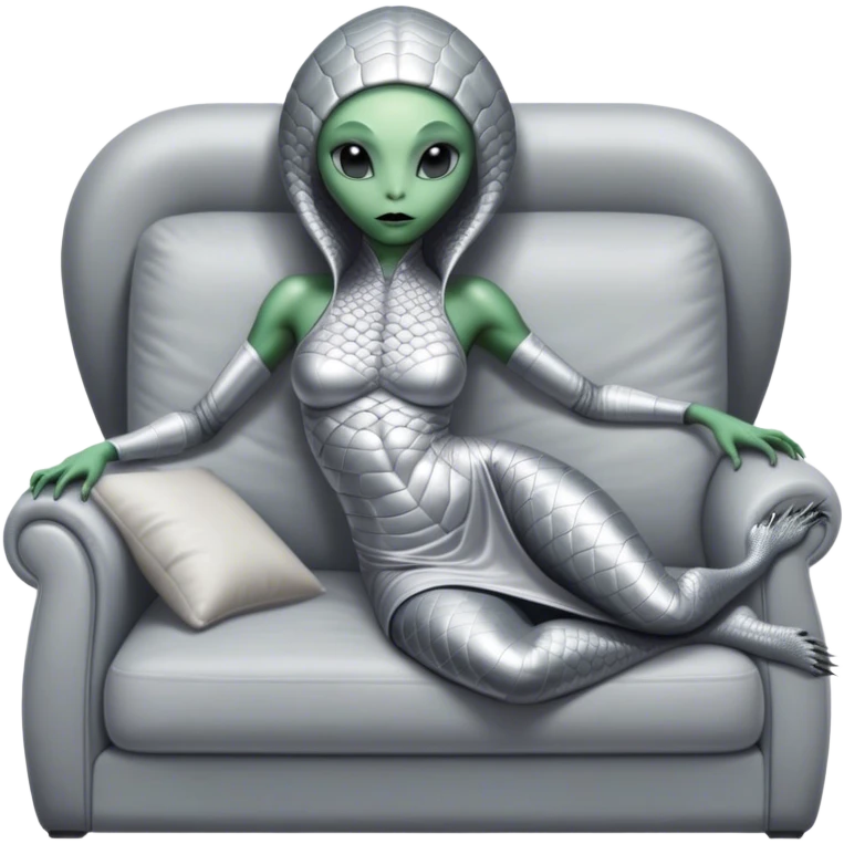 a reptilian alien woman, in silver dress, lie on couch comfy, full figure emoji