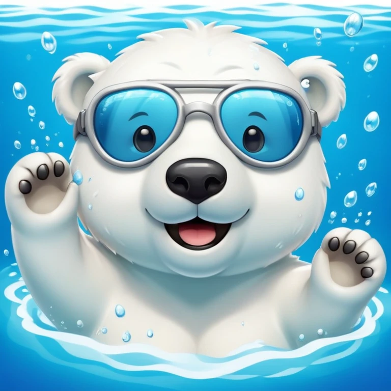 friendly anthropomorphised polar bear wearing swimming goggles, swimming in a wide pool with water splashing around emoji