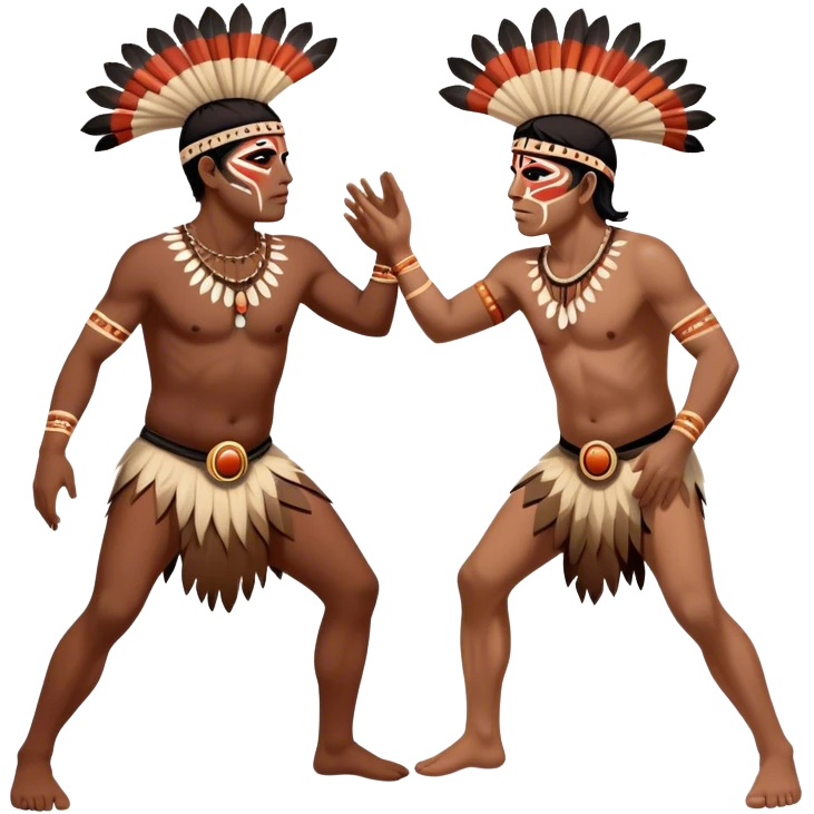 Cinematic Realistic scene of two indigenous male aboriginals performing an Aboriginal Corroboree, adorned in traditional body paint, A corroboree is an Australian Aboriginal ceremonial meeting. It usually includes celebration of Aboriginal mythology and spirituality, which is based in the Dreaming emoji