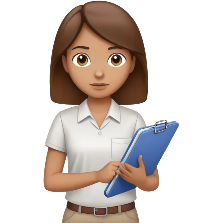 Intern or volunteer with brown hair holding a clipboard and pencil, ready to take notes or assist. The character wears a simple shirt and has an eager posture emoji