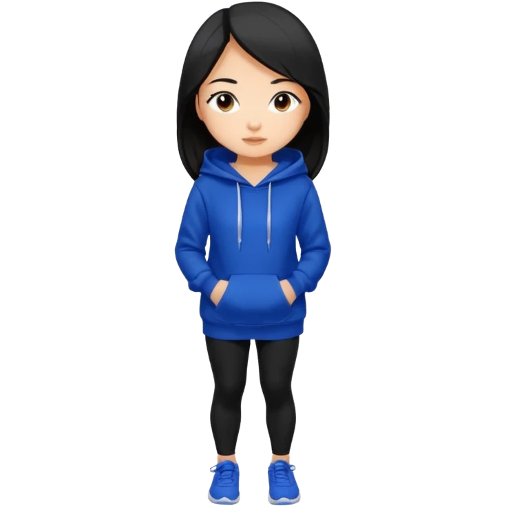 A pretty white/asian tanned girl with medium long strait dark brown almost black hair wearing a royal blue hoodie and black leggings pretty tan emoji