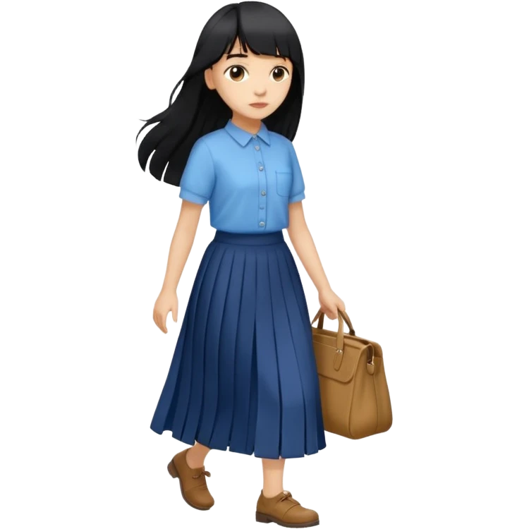 hair : black long hair with fringe 
skin : light 
cloth : oversize light blue shirt + navy long long skirt 
motion : walking without bag  emoji