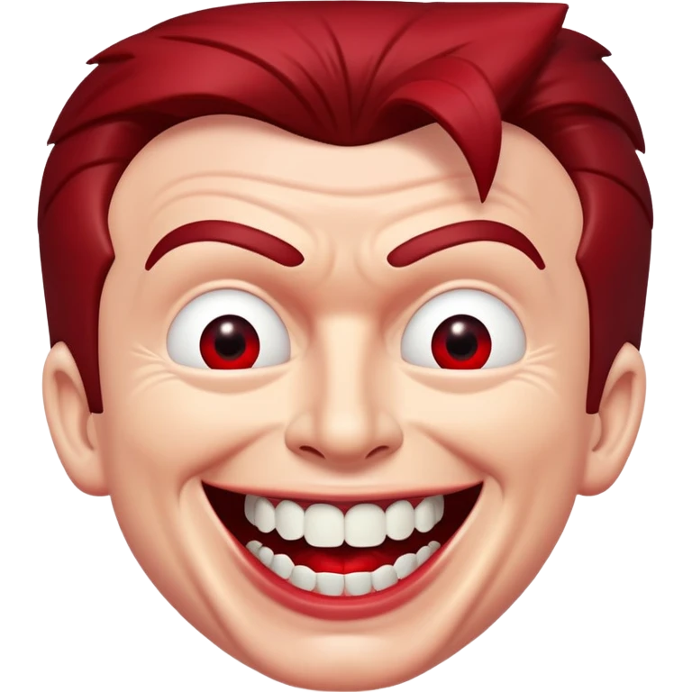 Rick Astley with a GIANT devious evil killer smile, but only his front teeth are sticking out, the background is pitch black, and Rick Astley is red emoji