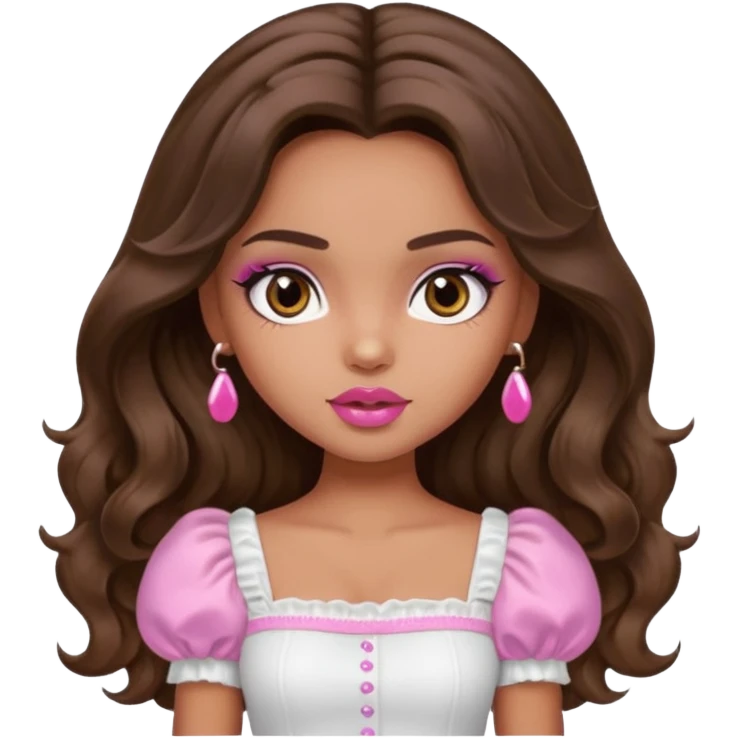 generate a pretty bratz girl with dark brown eyes in a white puff sleeve top. Pink lipgloss. Brown wavy hair long.  emoji