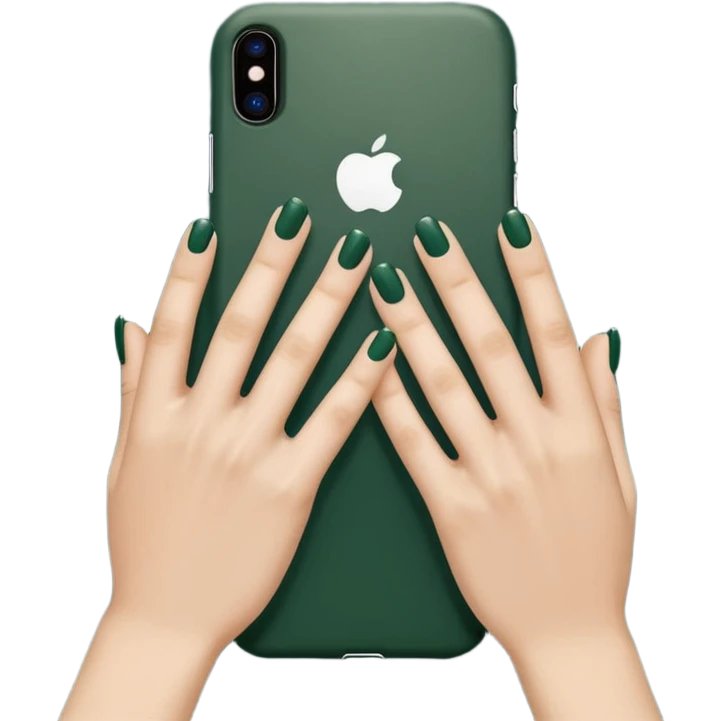 female hand with nude manicure (5 fingers) holding an iPhone in a dark green case, top view, minimalism, emoji style emoji