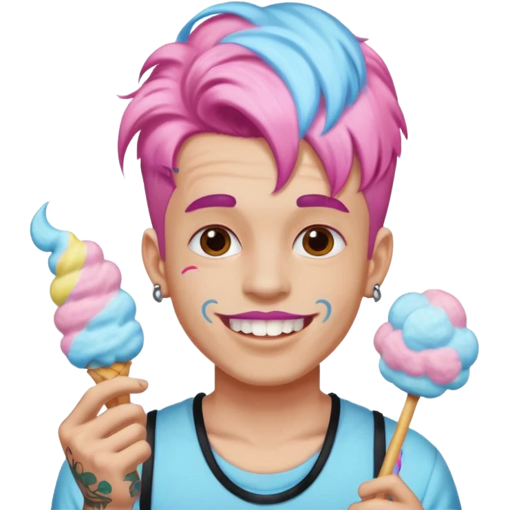 happy colorful haired man made out of cotton candy with braces and tattoos and just face not holting anything emoji
