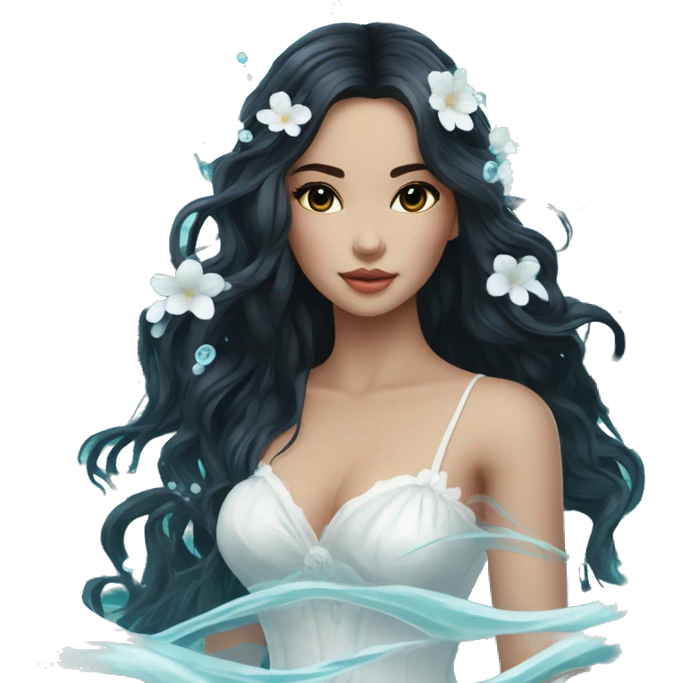 Pretty young Lady doll posing posed pose with long black hair flowers in hair white dress surrounded by flowing water water swirls waves emoji