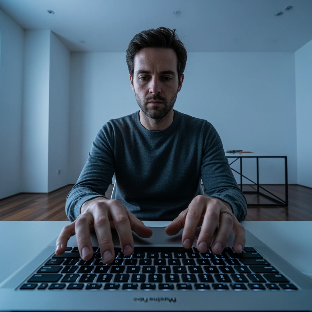 Cinematic still, POV camera, Man writing on macbook pro keyboard, minimalistic environment emoji