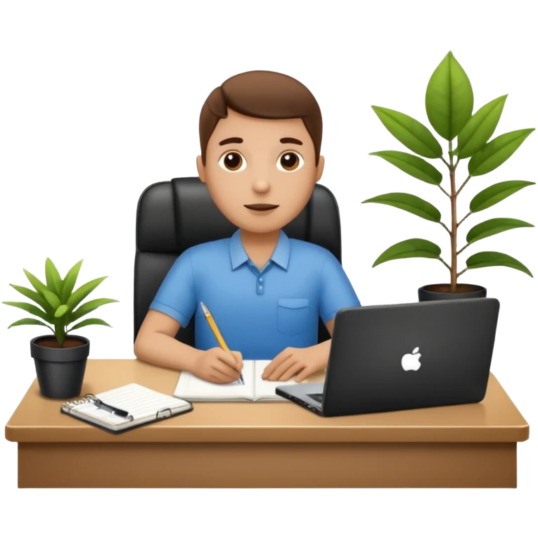 imagen de oficina con escritorio, silla, notebook, agenda y una plata con un cartel que diga FUERA DE OFICINA emoji