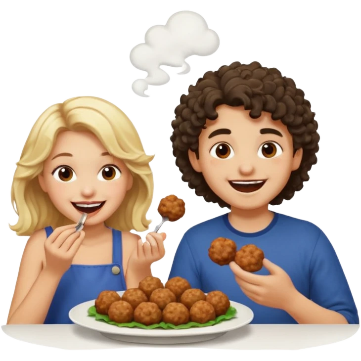 Ragazza bionda leggermente mossa che ride ad un ragazzo con i capelli ricci scuri mentre mangia polpette emoji
