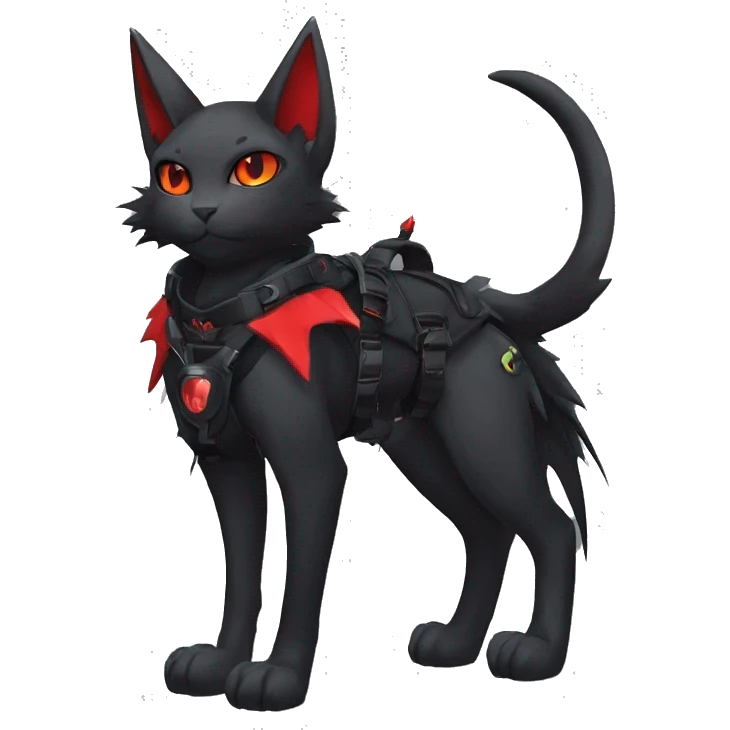 Anthro cool cute edgy elegant pretty black punk techwear red fantasy nargacuga-bat-cat-Fakemon collar harness warrior full body emoji