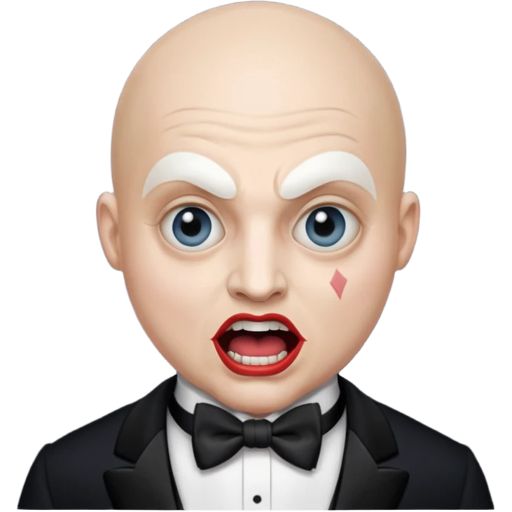 a bald cabaret actor with a white-painted face and heavily made-up eyes and mouth, a huge, wide-open mouth, and a startled look emoji
