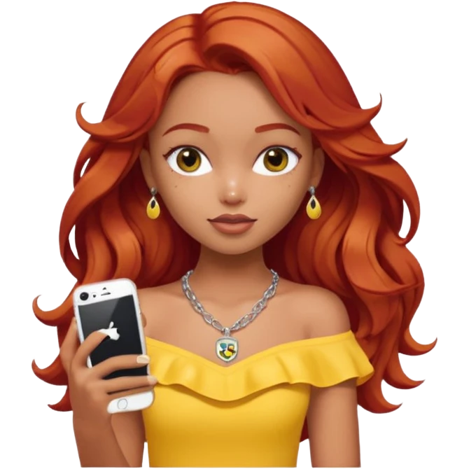 a pretty bratz girl with wavy red hair, wearing a yellow brazil jersey falling off her shoulder. silver dainty layered necklaces, carrying an iphone emoji