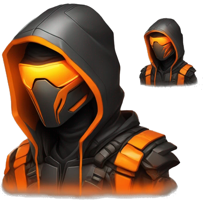  developer behind his laptop with this style : crysis Cyberpunk Valorant orange glowing bright orange character orange black hooded assassin themed character emoji