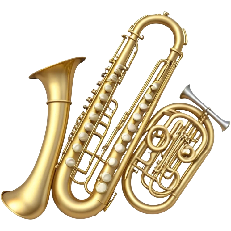 Create a professional, harmonious emoji collage symbolizing wind instruments.  The instruments should be in metallic gold, silver, and brass tones, with subtle reflections to convey a professional and polished appearance. Add soft musical notes or soundwaves to surround the instruments, creating a sense of movement and sound. The background should be transparent, ensuring all instruments are the focus and the composition remains harmonious and balanced. emoji