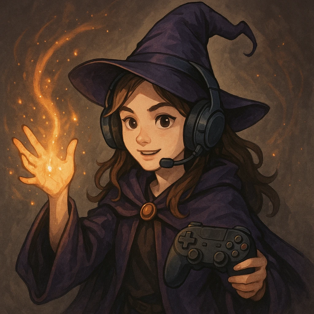 a young female wizard with a gaming headset, casting a spell with one hand and holding a game controller in the other emoji