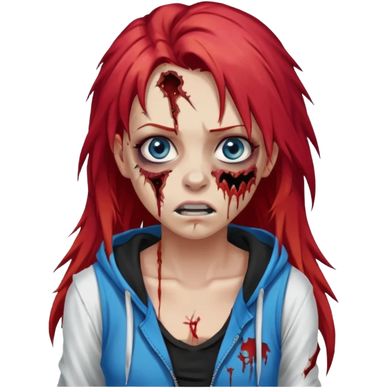 сделай рыжую девушку зомби с избитым лицом, не в полный рост, пусть ее рыжие волосы будут ниже груди с осветленными прядями, глаза у нее будут голубые, а одета она будет в дранную белую майку и черную зип худи emoji