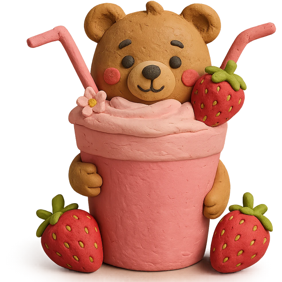 Cute bear peeking from a strawberry milkshake cup with a straw, two strawberries, pastel colors, soft shadows, clean minimal aesthetic, 3D claymation style, no background emoji