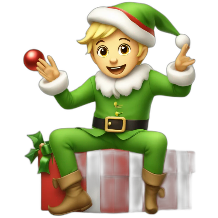Overjoyed Christmas elf sits on a present and sings christmas songs emoji