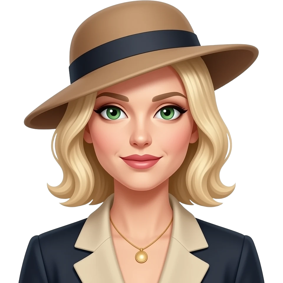 Hat tip sophisticated female blond not in man clothes green-hazel eyes emoji
