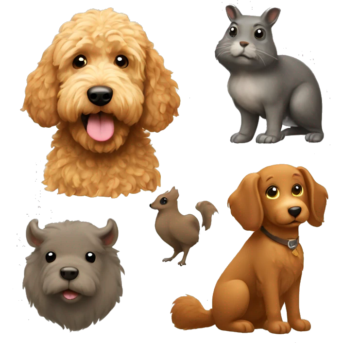 Golden doodle with a squirrel and buffalo emoji