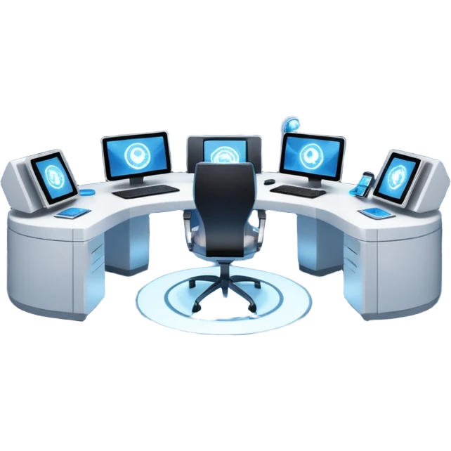 A futuristic workspace powered by an arc reactor, glowing blue and white, with holographic screens displaying creative content. Dynamic, high-tech, and inspired by Iron Man. emoji