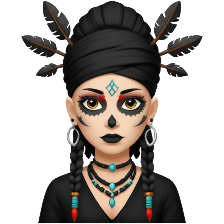 white shaman woman black clothes black accesories face tattoos emoji