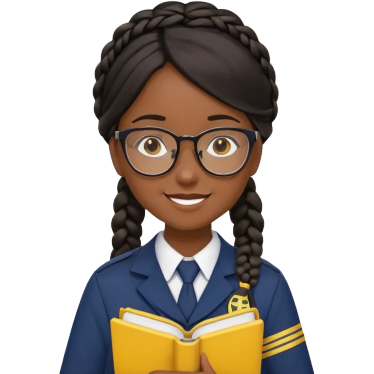 Girl student wearing uniform, glasses, hold yellow book in front of their chest, black braided hair, dark skin emoji
