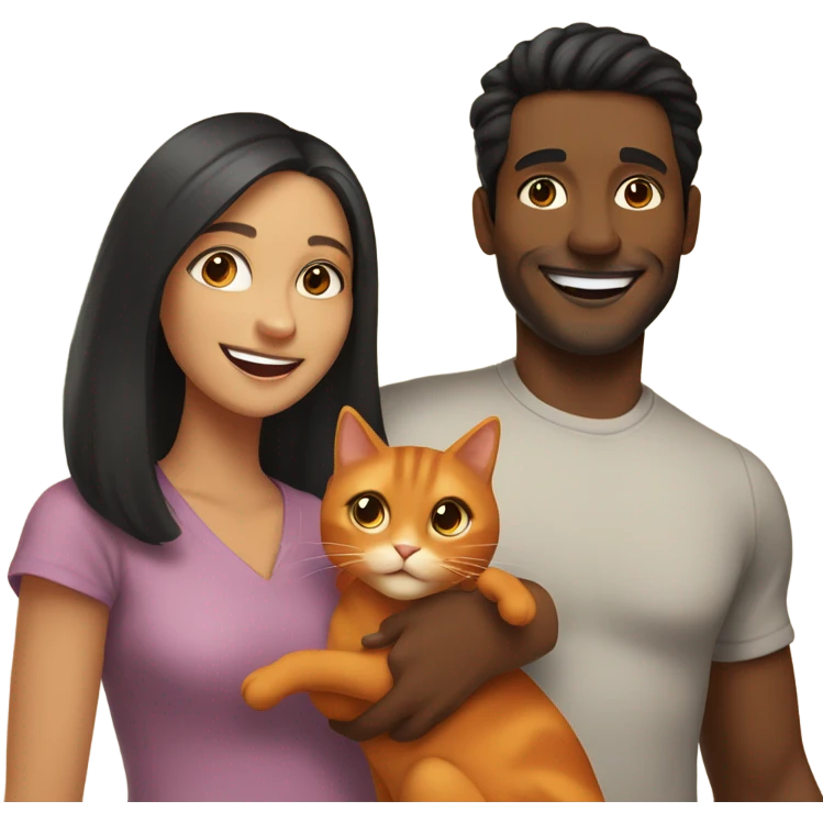 a happy light-brown woman with black hair and a happy brown man with brown hair are friends and holding an orange cat emoji