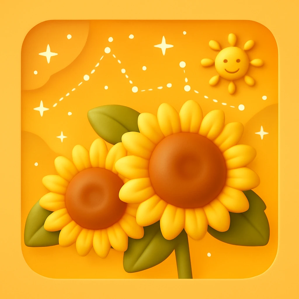 3D iOS style emoji of two sunflowers with a sun and stars in the background, mimicking the colors and composition of the reference image. emoji