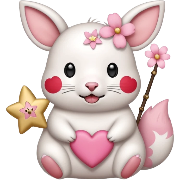 GENERATE ME A MOMONGA WHITE ANIMAL  FROM CHIIKAWA AND PUT A SAKURA FLOWER ON HIS HEAD AND A STAR PELT ON HIS BELLY AND A HEART PURSE ON HIS ARM WITH HIS FACE MAKE HIS TOUNGE STICK OUT WITH A LITTLEPINCH OFDROOL AND MAKE HIM ANIME STYLED ART emoji