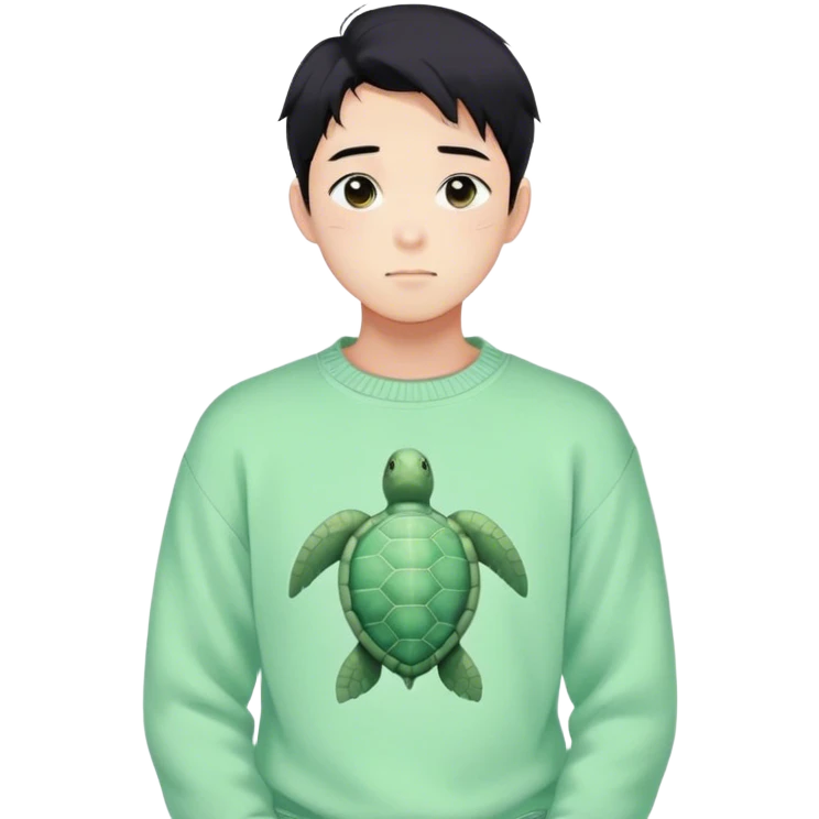 Gorgeous pastel green sweater black hair anime style shojo guy with blushing face and, turtle, aesthetic, young adult, trending style outside  emoji