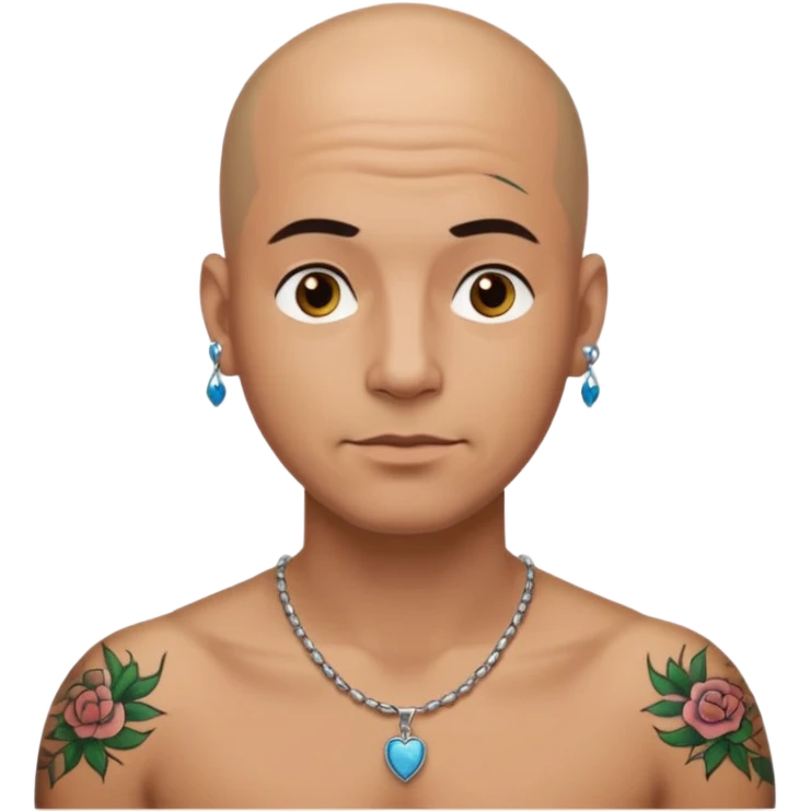 a bald man wearing necklace, having tattoo emoji