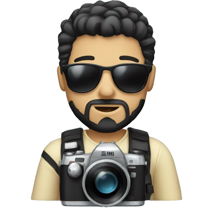 white skin photographer holding a camera with sunglasses and a goatee and blackhair emoji