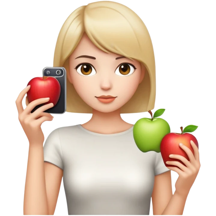 beautiful young lady with short straight hair taking a photo, upper body view, Apple emoji style emoji