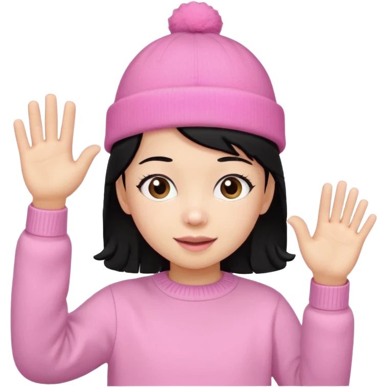Kid in pink hat and jumper waving, black hair emoji